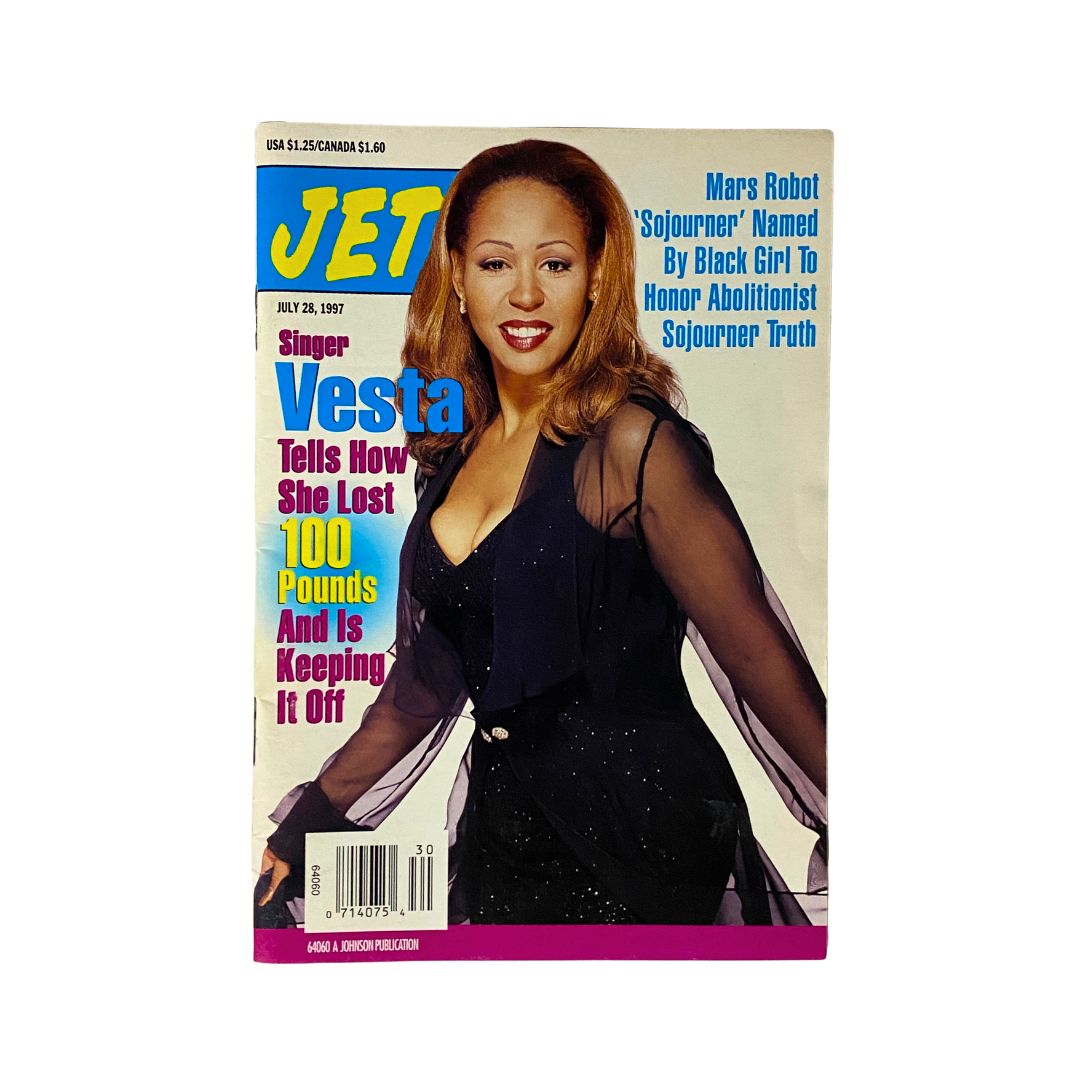 Jet Magazine July 28, 1997 cover featuring singer Vesta showcasing her journey of weight loss, highlighted with a vibrant and stylish design.