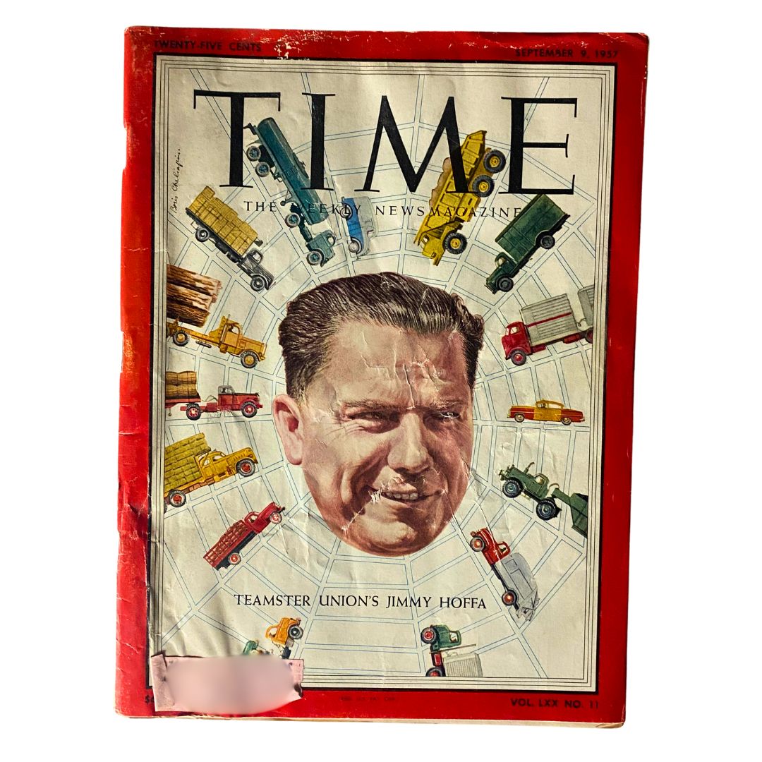 VTG Time Magazine September 9, 1957 Vol 70 No. 11 featuring Teamster Union's Jimmy Hoffa on the cover, showcasing a vibrant illustration of trucks and Hoffa's portrait.