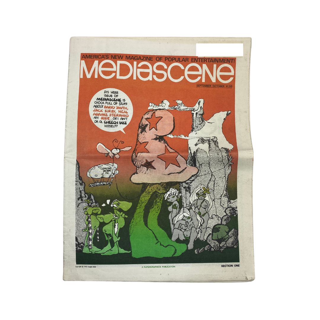Cover of VTG Mediascene Magazine September 1975 featuring artwork by Barry Smith and Jack Kirby, showcasing colorful illustrations and unique comic themes from the 1970s.