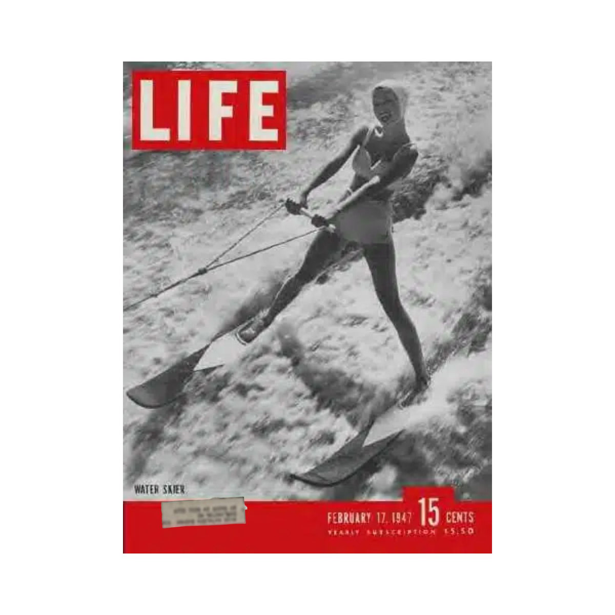 Cover of VTG Life Magazine dated February 17, 1947, featuring a dynamic water skier, showcasing the thrilling sport of water skiing, emblematic of post-war American culture.