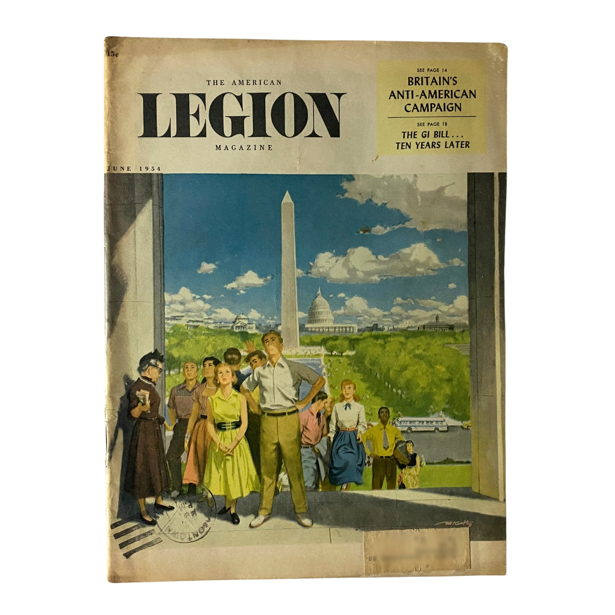 Cover of The American Legion Magazine, June 1954 edition featuring the title 'Britain's Anti-American Campaign'. The illustration shows a group of people in front of the Washington Monument and U.S. Capitol, capturing the essence of postwar America.