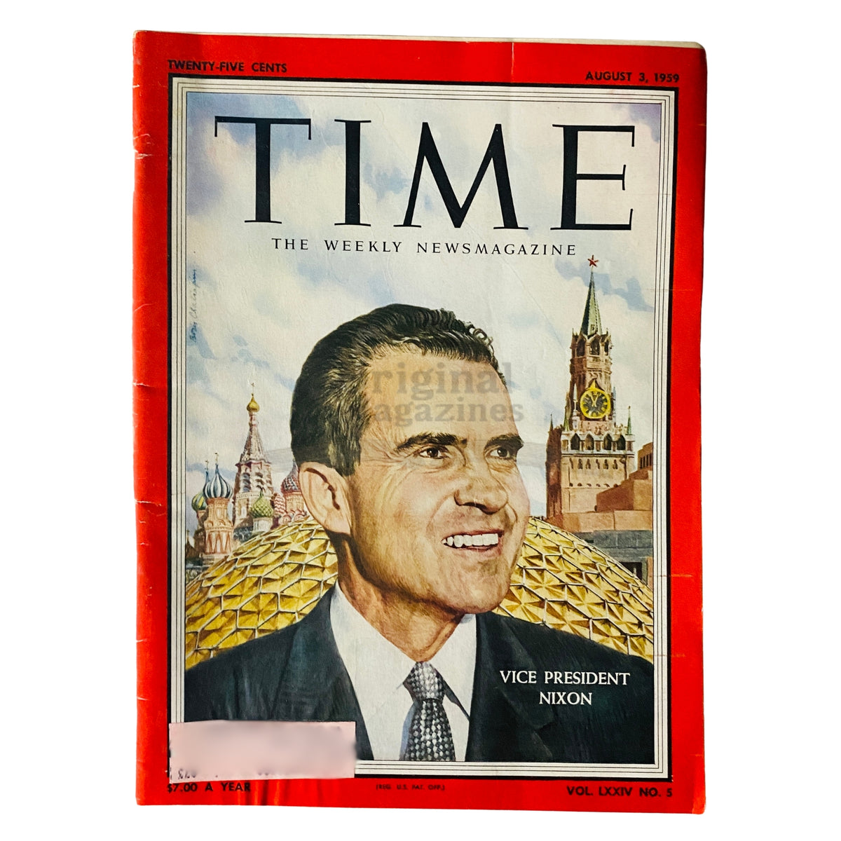 Time Magazine August 3 1959 featuring Vice President Richard Nixon on the cover, showcasing his portrait against a historic background. This vintage magazine captures a significant moment in American political history.