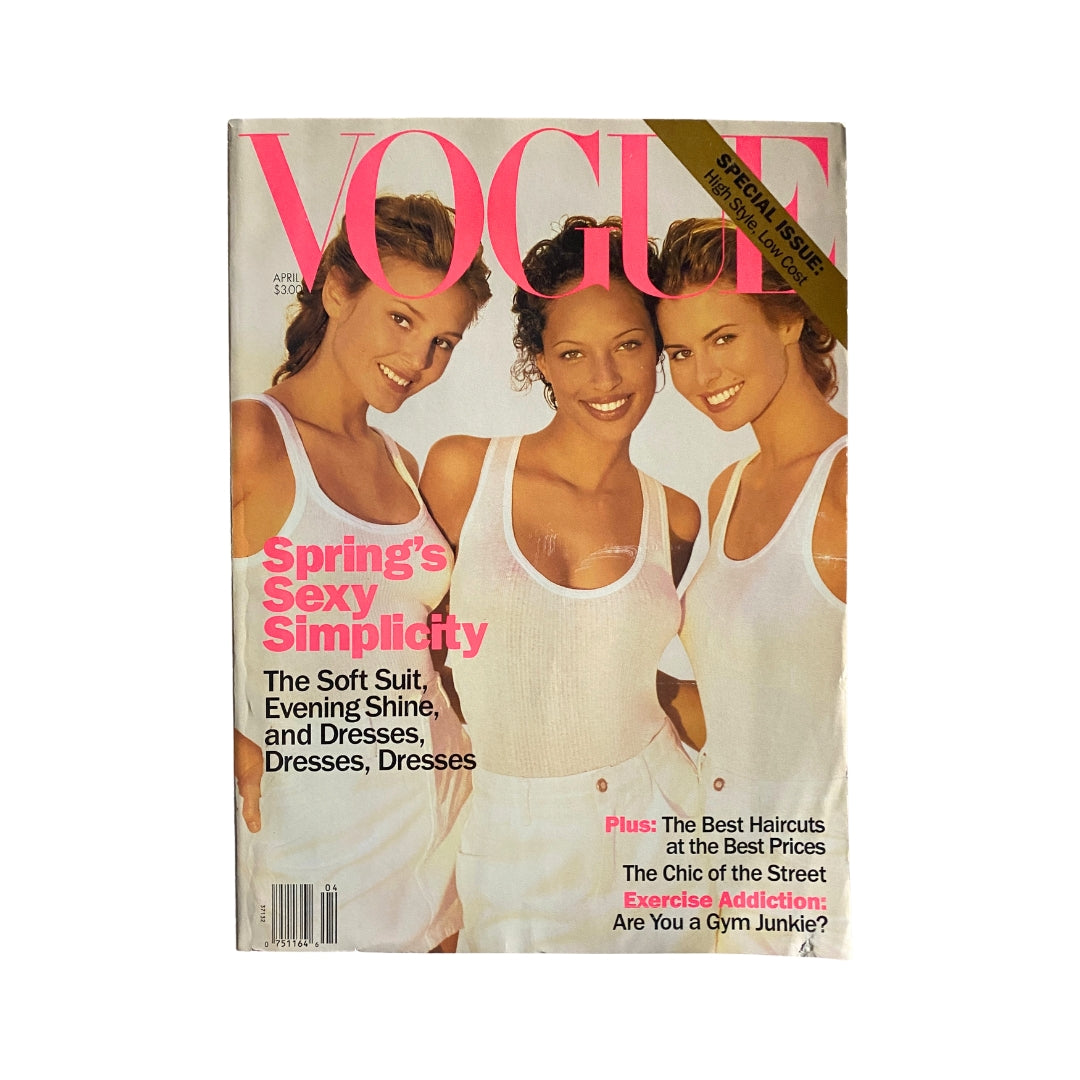 Cover of Vogue Magazine April 1994 featuring models Bridget Hall, Niki Taylor, and Brandi Quinones, emphasizing spring fashion with the headline 'Spring’s Sexy Simplicity.'