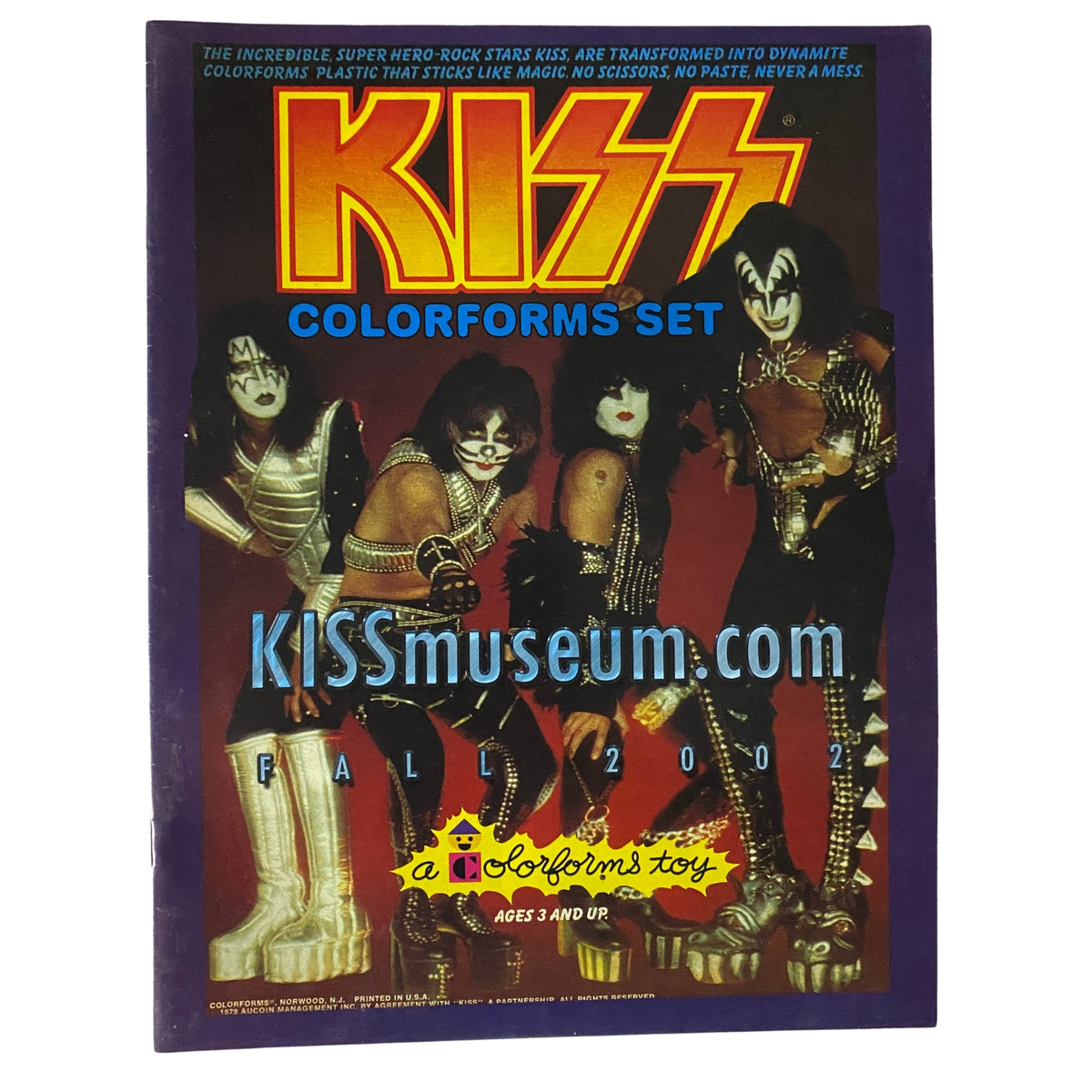 KISS Museum.com Catalog Fall 2002 Colorforms Set, featuring the iconic band KISS in vibrant costumes, showcasing a collectible magazine cover that highlights KISS-themed Colorforms toys.