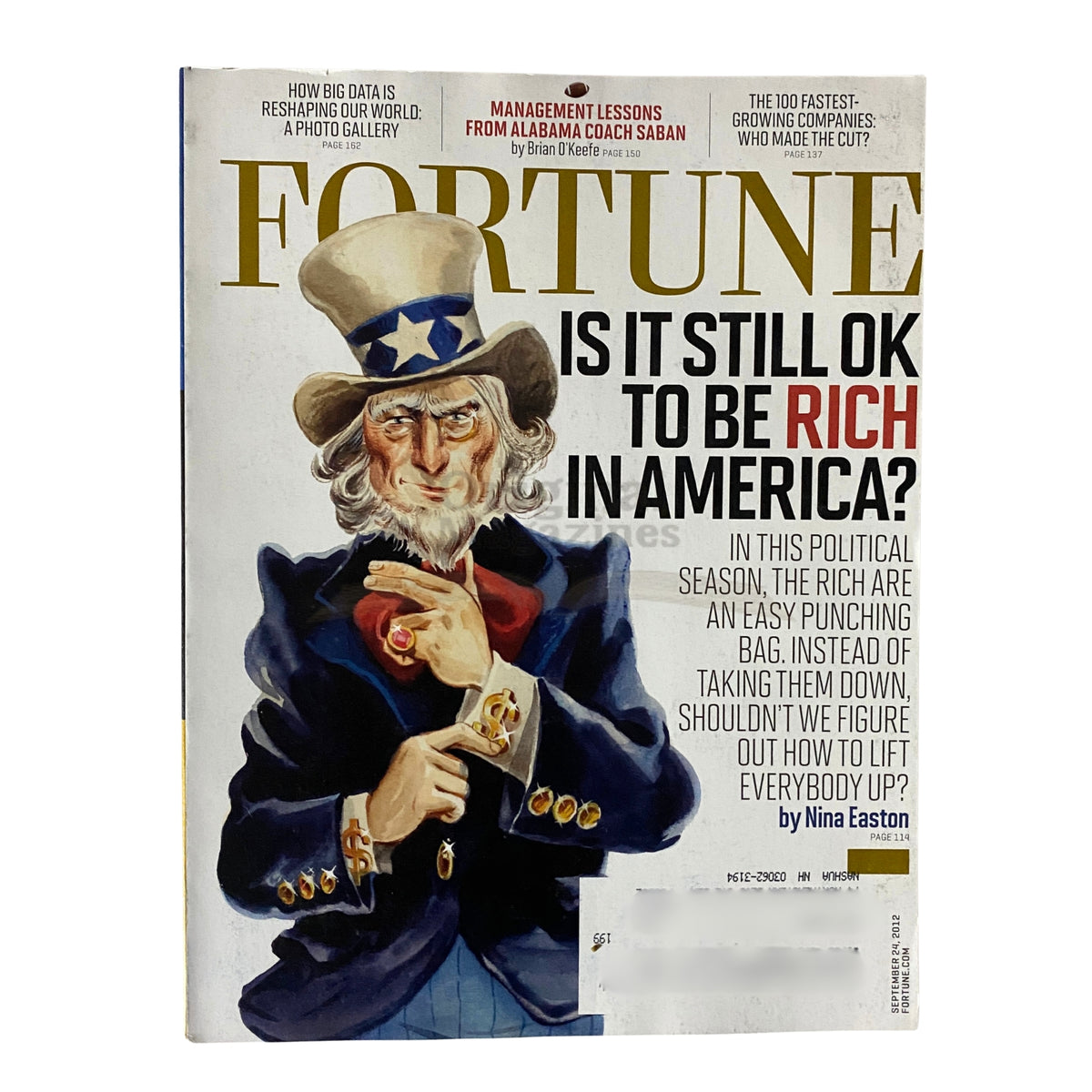 Cover of Fortune Magazine September 24, 2012 featuring the question 'Is It Still OK to Be Rich in America?' with a depiction of Uncle Sam by Nina Easton.