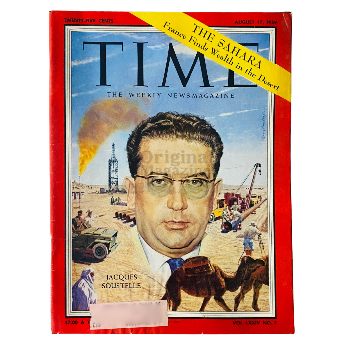 Time Magazine August 17, 1959 Vol 74 No. 7 featuring Jacques Soustelle on the cover, depicting a colorful illustration with a backdrop of the Sahara Desert and oil drilling activities, capturing the essence of the late 1950s political landscape.