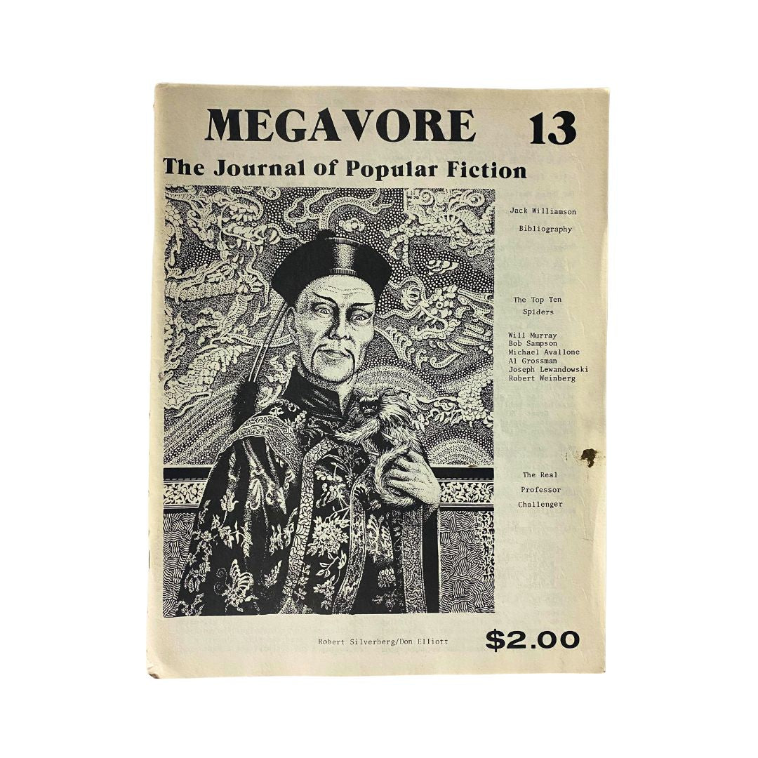 Cover of Megavore The Journal of Popular Fiction 1981 #13 featuring an illustration of Fu Manchu and the title prominently displayed.