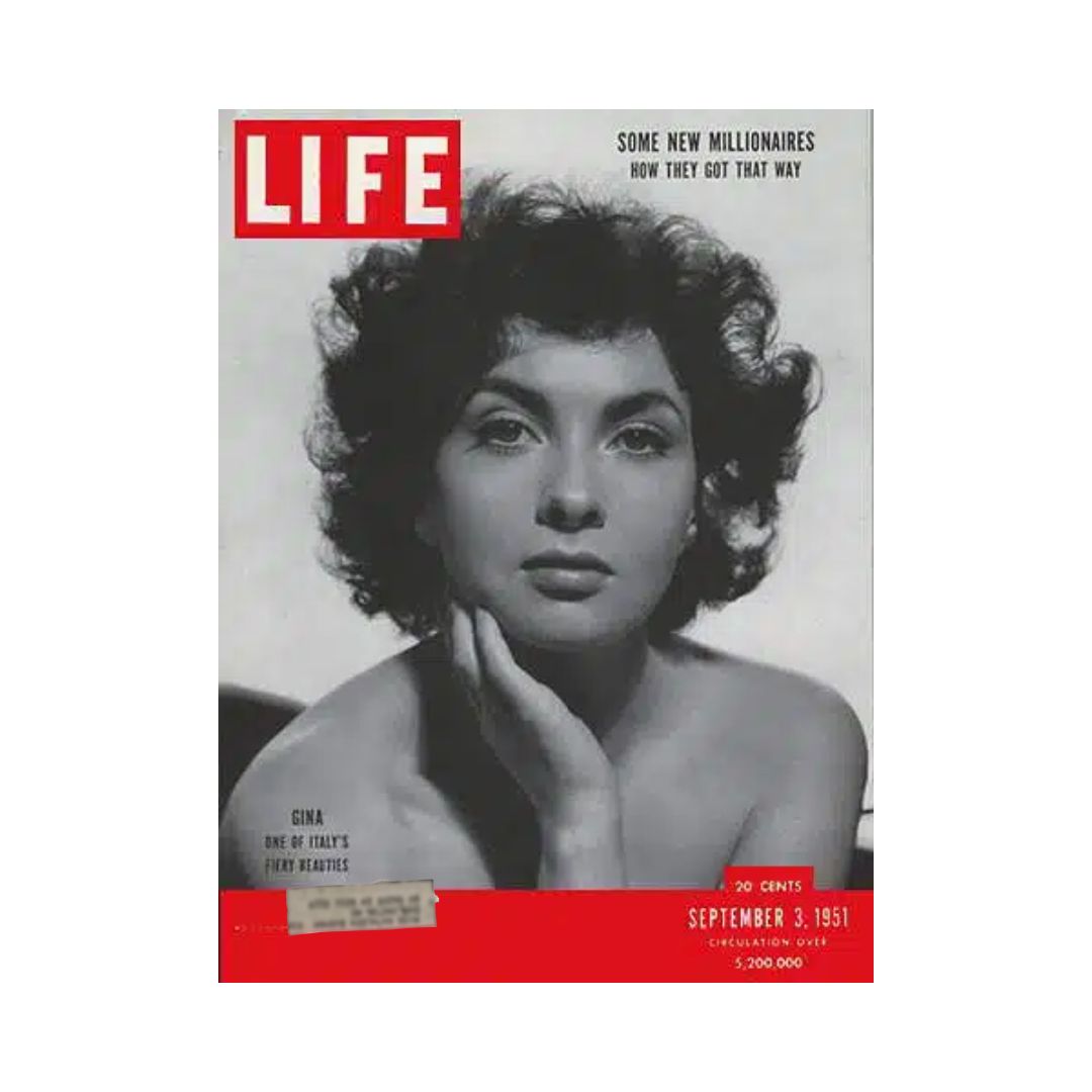 VTG Life Magazine September 3, 1951 featuring Gina Lollobrigida, showcasing her beauty and charm in a classic black and white portrait. The cover highlights the iconic magazine's focus on Hollywood glamour and significant events of the time.