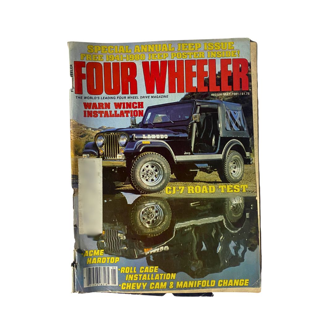 Cover of VTG Four Wheeler Magazine May 1981 featuring Warn Winch Installation and CJ7 Road Test, showcasing a classic Jeep on a rugged terrain.