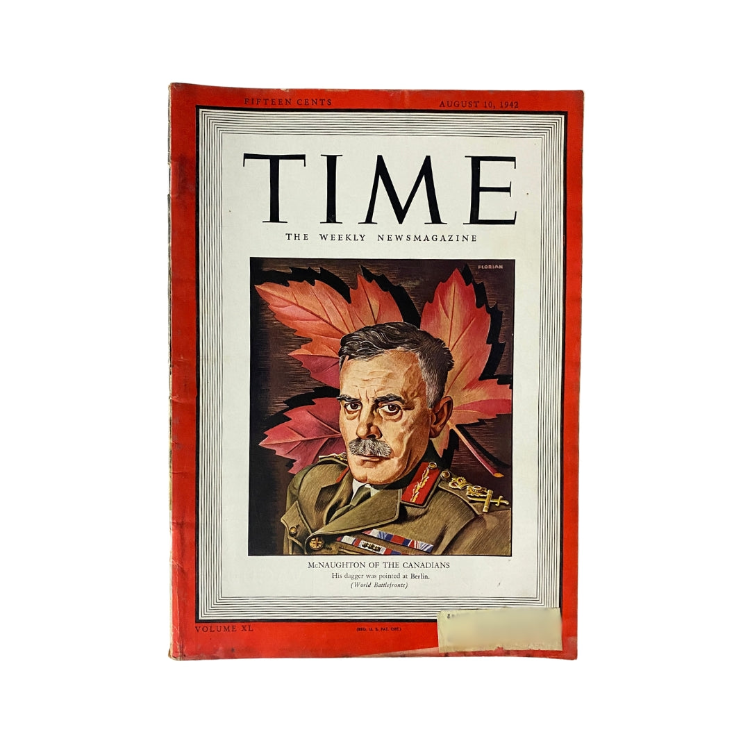 VTG Time Magazine August 10, 1942 featuring Andrew McNaughton of The Canadians on the cover, illustrated with vibrant maple leaves, capturing a historical moment from World War II.