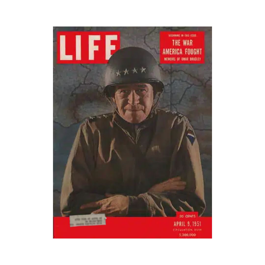 Cover of VTG Life Magazine from April 9, 1951 featuring General Omar Bradley with the headline 'The War America Fought' and a map background.
