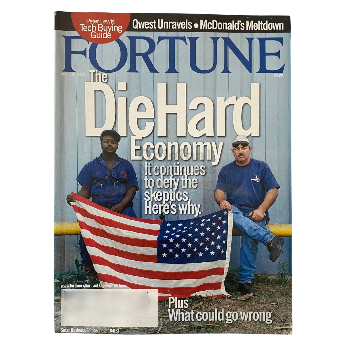 April 29, 2002 issue of Fortune Magazine featuring the cover story 'The Die Hard Economy', showcasing two men holding an American flag, reflecting resilience in the U.S. economy post-September 11.