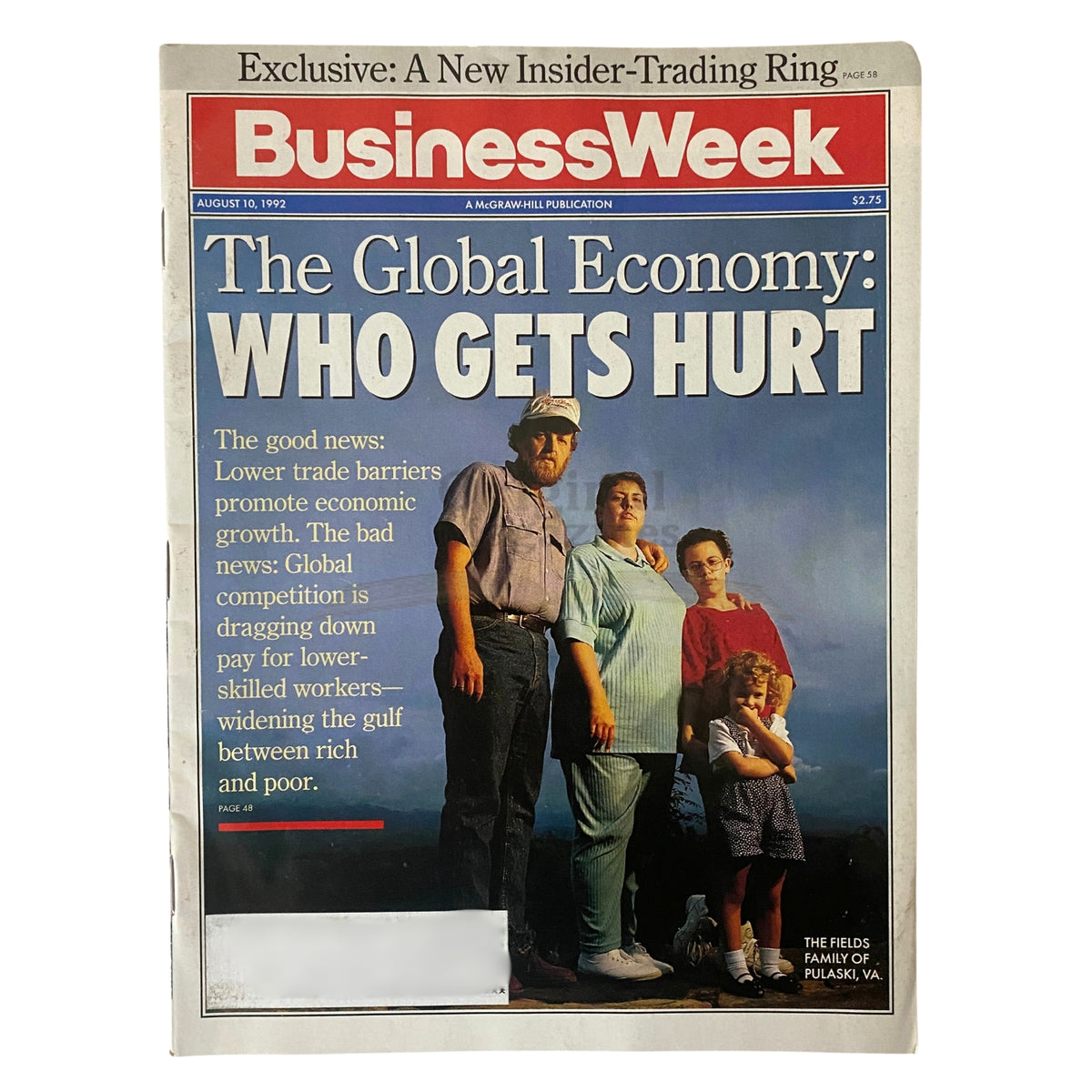 BusinessWeek Magazine cover from August 10, 1992 featuring The Fields Family of Pulaski, VA, with the headline 'The Global Economy: Who Gets Hurt' discussing economic impacts on lower-skilled workers.