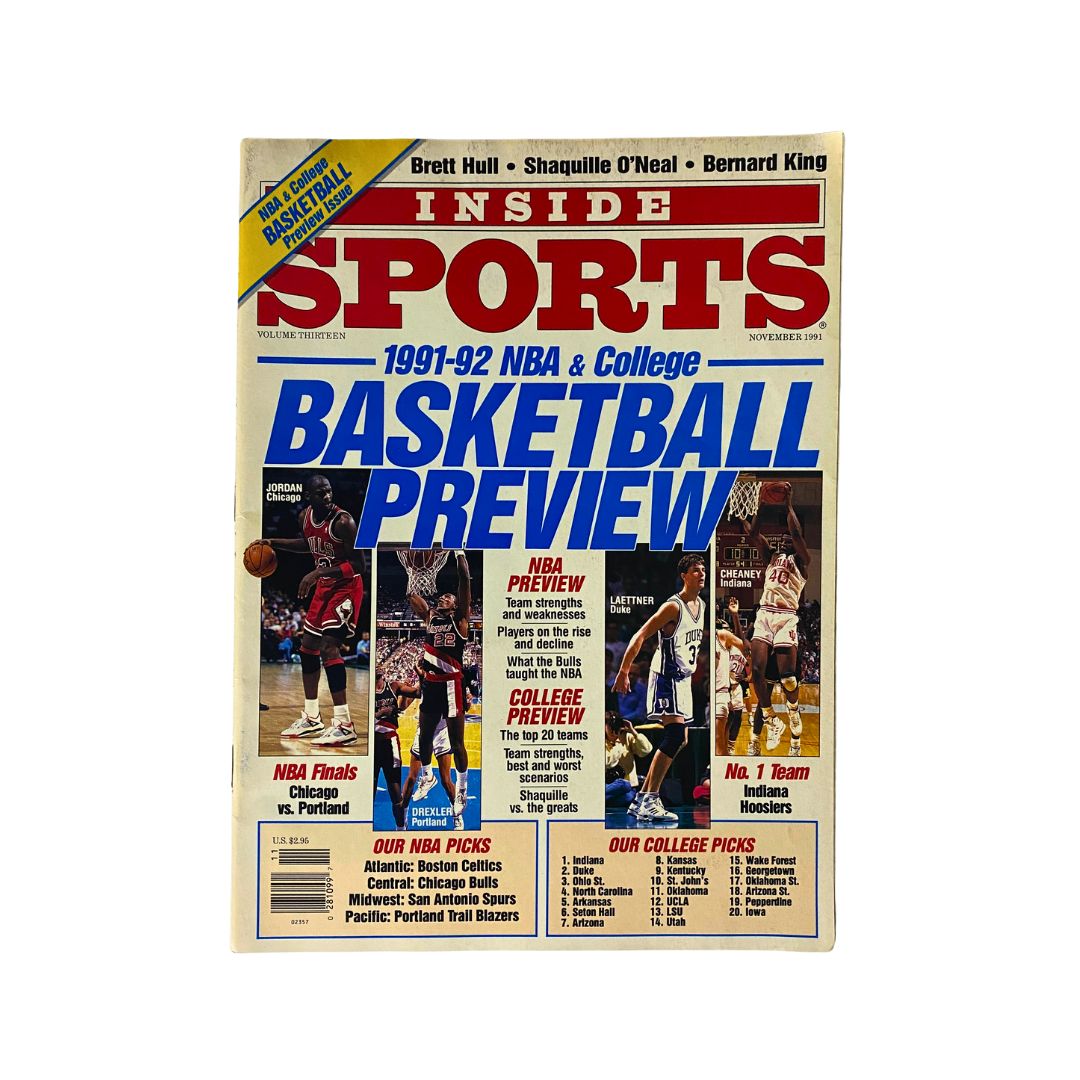 Cover of Inside Sports Magazine from November 1991 featuring a Basketball Preview for the 1991-92 NBA and College seasons, highlighting Michael Jordan of the Chicago Bulls and Clyde Drexler of the Portland Trail Blazers.