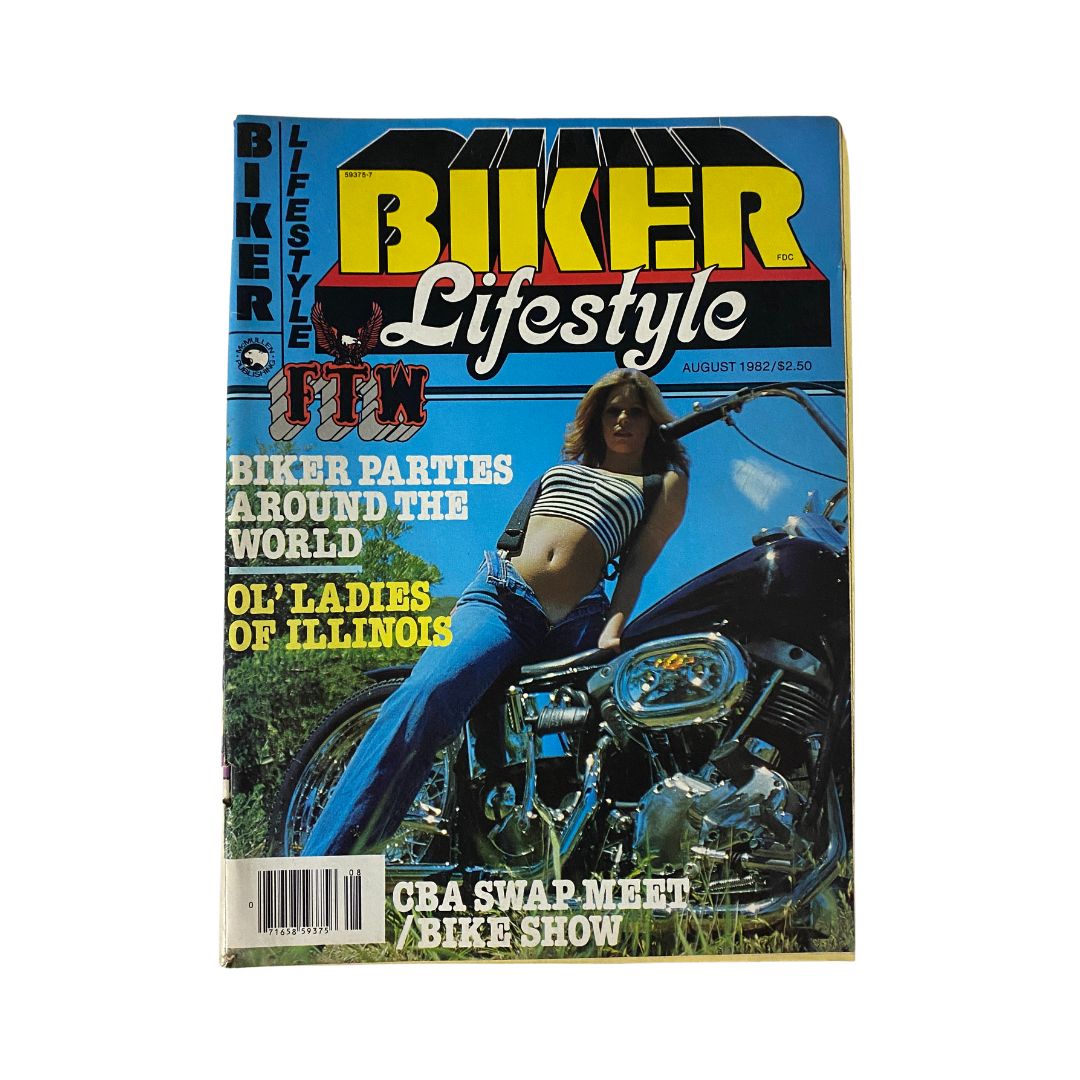 VTG Biker Lifestyle Magazine August 1982 featuring a cover photo showcasing the Ol' Ladies of Illinois and highlighting biker parties worldwide.