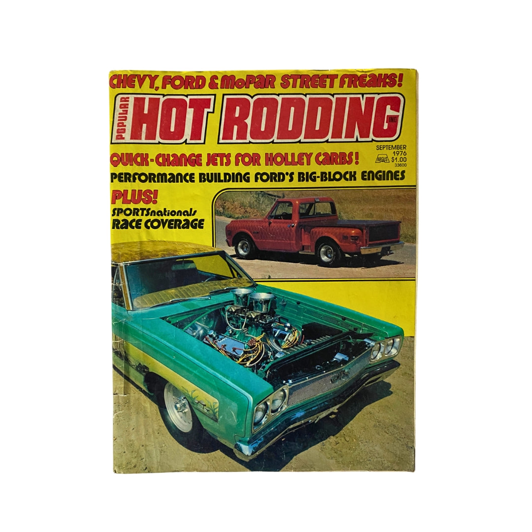 Cover of Popular Hot Rodding Magazine September 1976 featuring Chevy, Ford, and MoPar, showcasing a green muscle car with an open hood and a red pickup in the background.