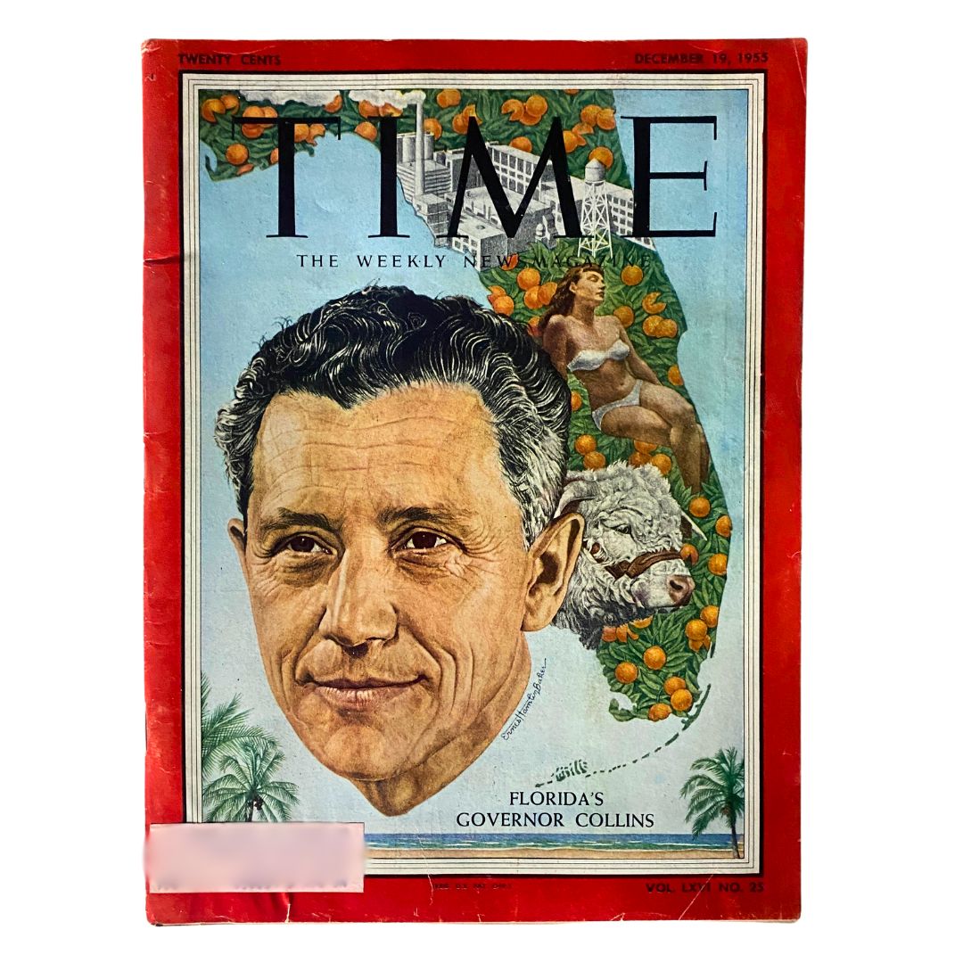 VTG Time Magazine December 19, 1955 featuring Governor LeRoy Collins on the cover with an illustration of Florida's landscape and orange trees.