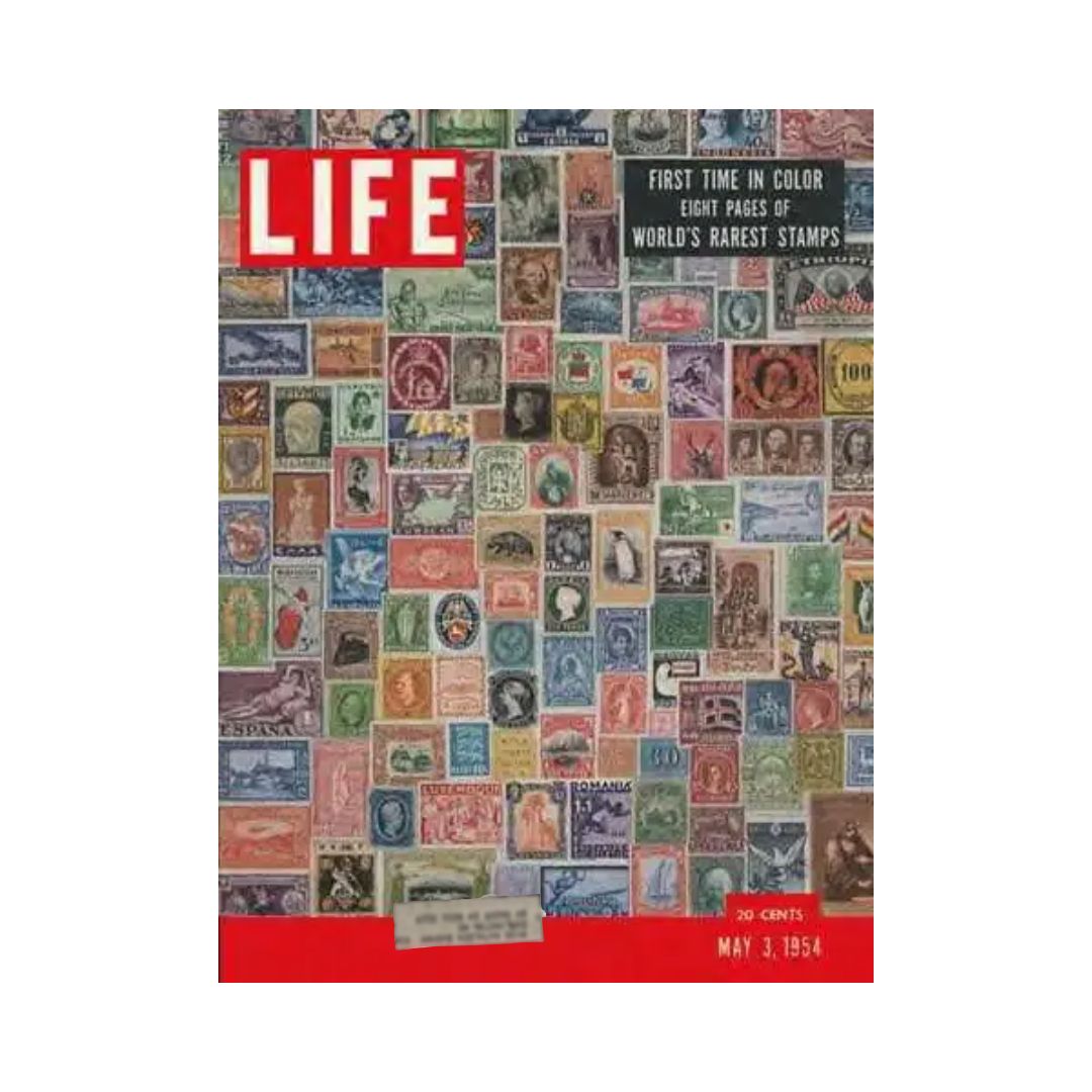 Cover of VTG Life Magazine May 3, 1954, featuring a colorful collage of the world's rarest stamps, highlighted with the text 'First time in color, eight pages of world's rarest stamps.'