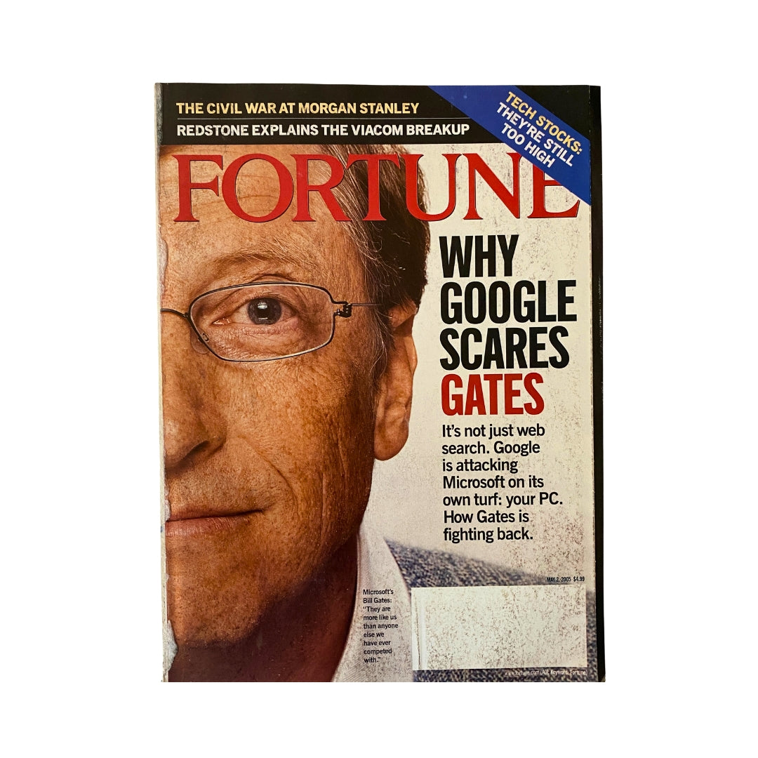Fortune Magazine May 2, 2005 cover featuring Bill Gates, highlighting the article 'Why Google Scares Gates' that discusses the competition between Microsoft and Google.