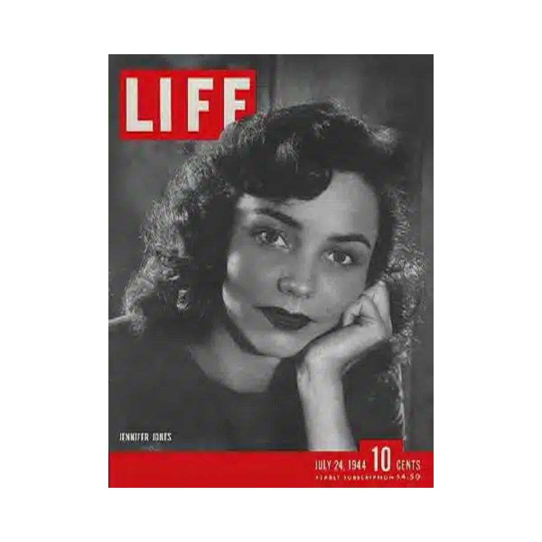 VTG Life Magazine July 24, 1944 cover featuring Jennifer Jones, an iconic American actress, showcasing her in a stunning black and white portrait with red accents.