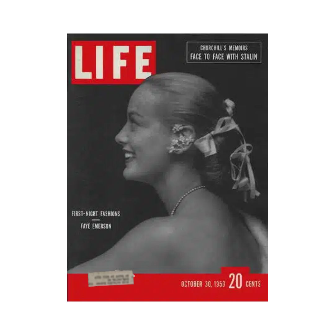 Cover of VTG Life Magazine from October 30, 1950, featuring Faye Emerson, an American film actress. The magazine highlights 'First-Night Fashions' and includes articles on significant historical events.