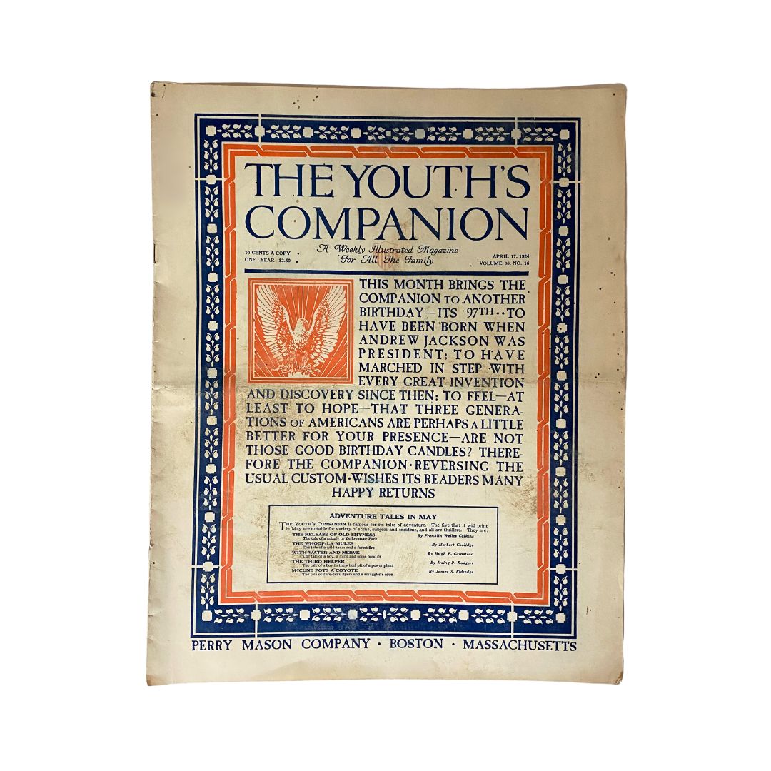 Cover page of The Youth's Companion Magazine, April 17, 1924, featuring ornate design and an eagle motif.