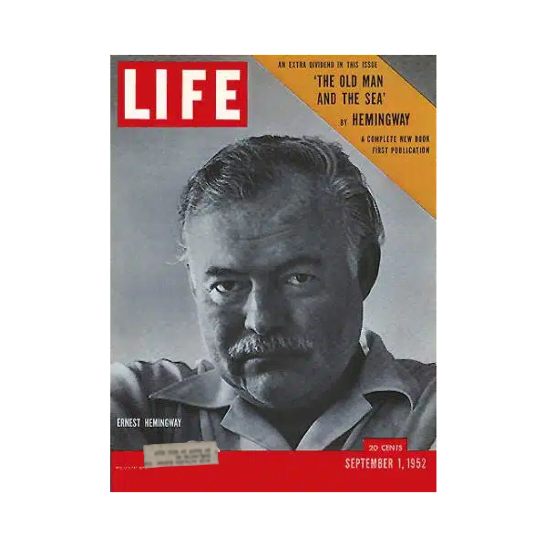 Vintage Life Magazine cover featuring Ernest Hemingway from September 1, 1952, focusing on his novella 'The Old Man and the Sea'. The cover highlights 'A complete new book first publication' with a striking portrait of Hemingway.