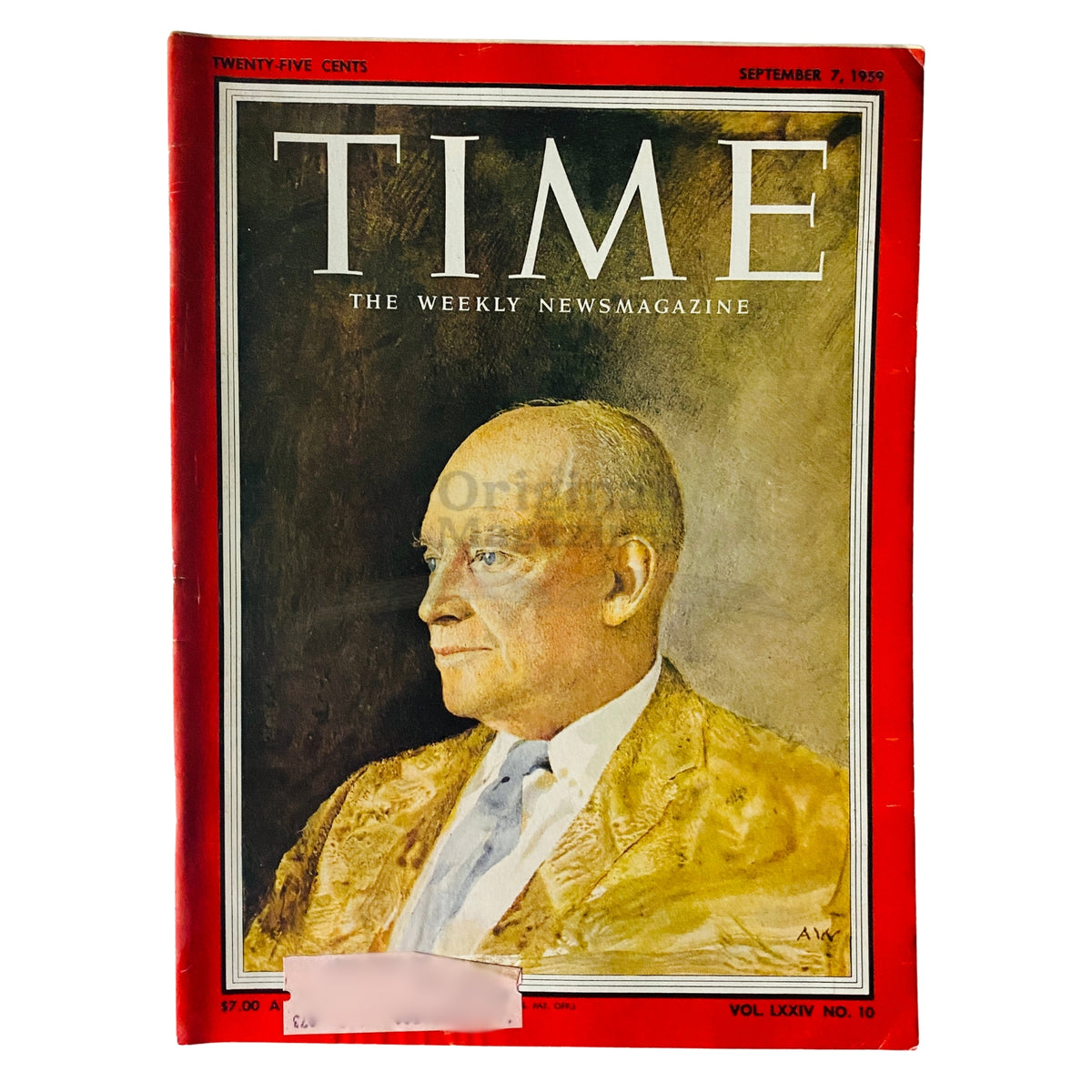 Time Magazine September 7, 1959, Vol 74 No. 10 featuring President Dwight D. Eisenhower on the cover, showcasing a vintage illustration of Eisenhower with a golden background.