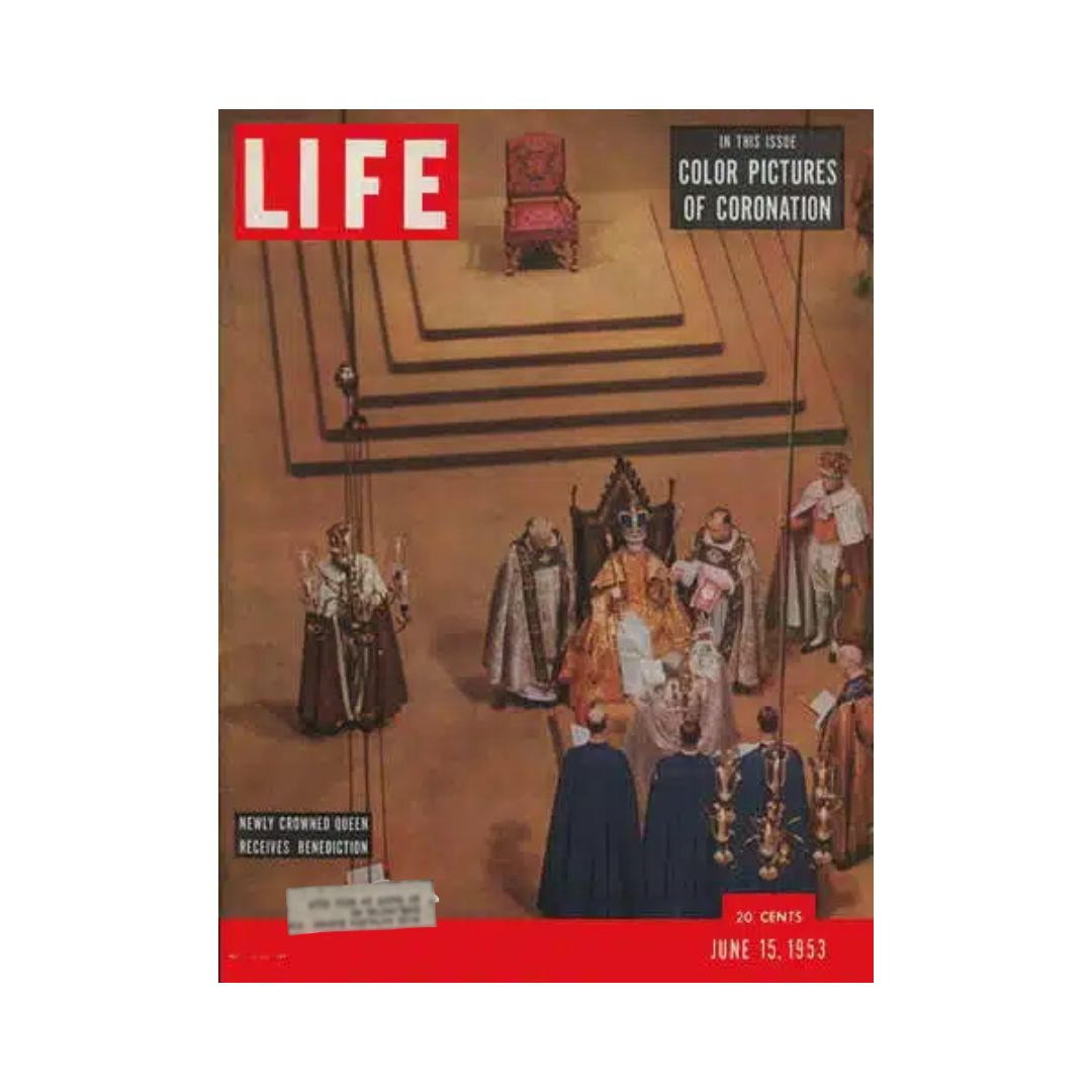 Vintage Life Magazine from June 15, 1953 featuring the coronation of Queen Elizabeth II, showcasing a historic moment with colorful illustrations and detailed coverage of the royal event.