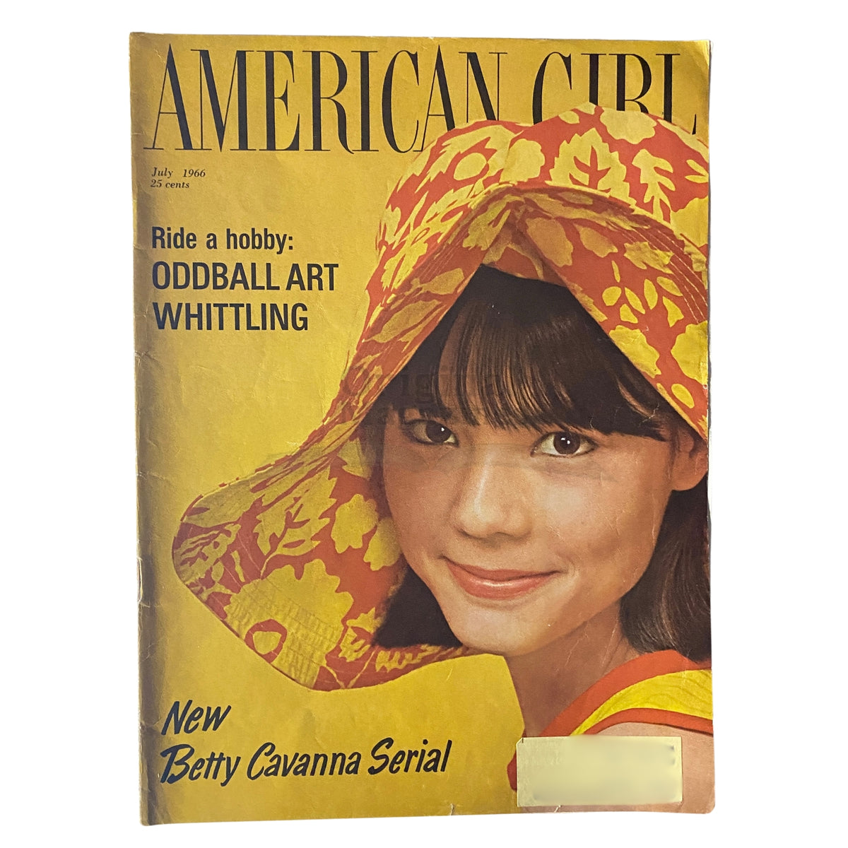 Cover of the American Girl Magazine from July 1966 featuring the title 'Ride a Hobby: Oddball Art Whittling' with a girl in a vibrant hat, representing the 1960s era's creativity and spirit.