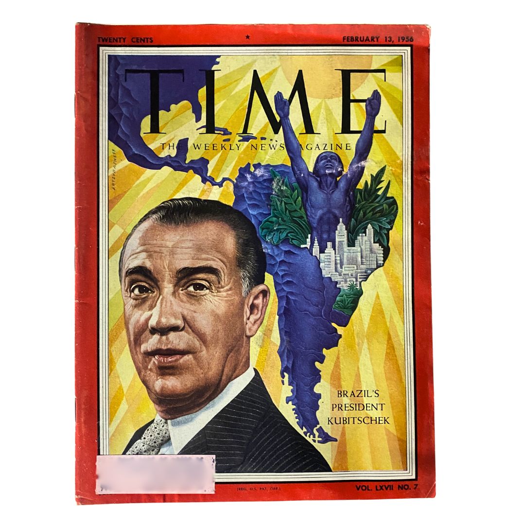 Cover of VTG Time Magazine February 13, 1956 Vol 67 No. 7 featuring Brazil's President Juscelino Kubitschek with a colorful illustration and bold typography.
