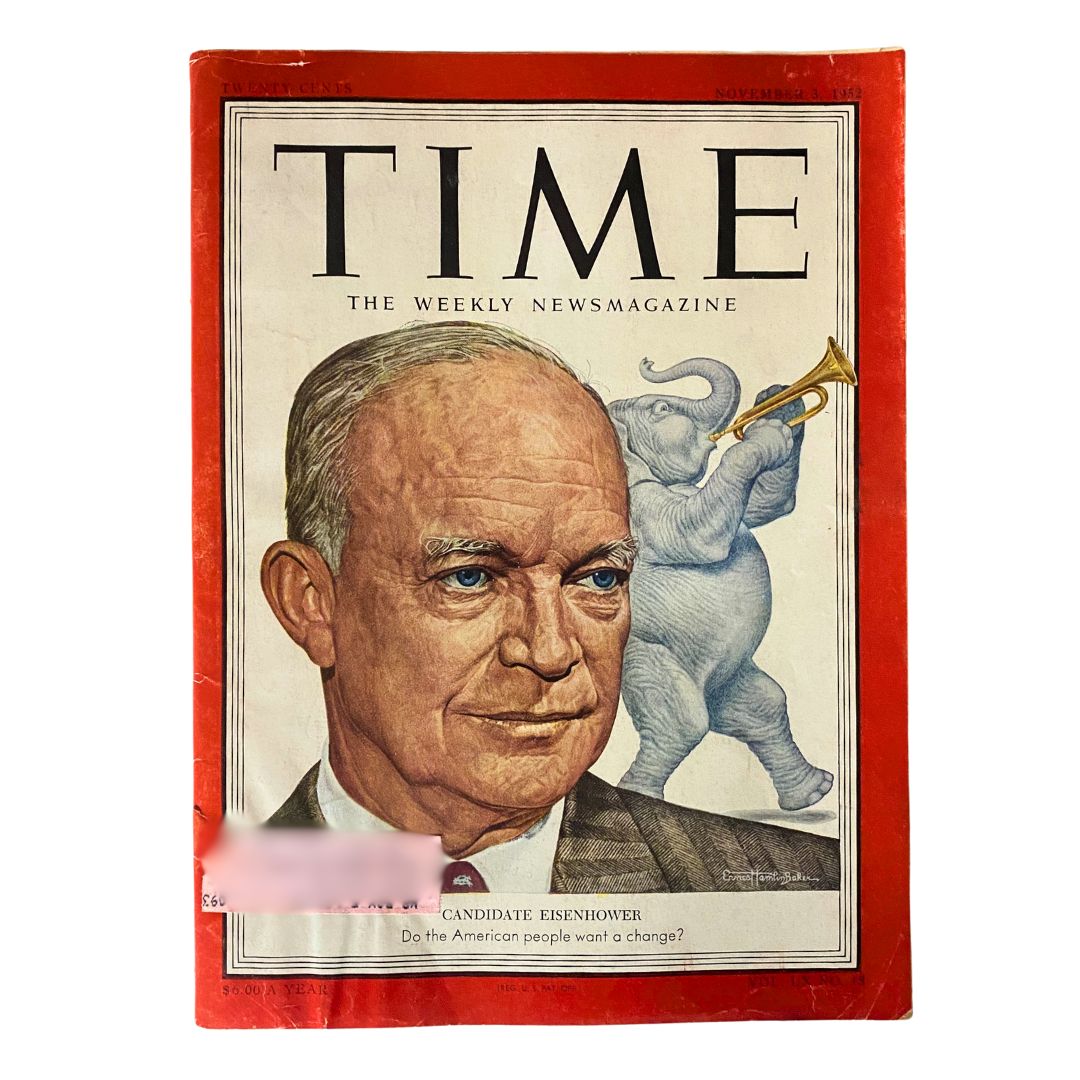 VTG Time Magazine November 3, 1952 featuring Dwight D. Eisenhower on the cover with an illustration of a trumpet-playing elephant, highlighting the 1952 presidential campaign.