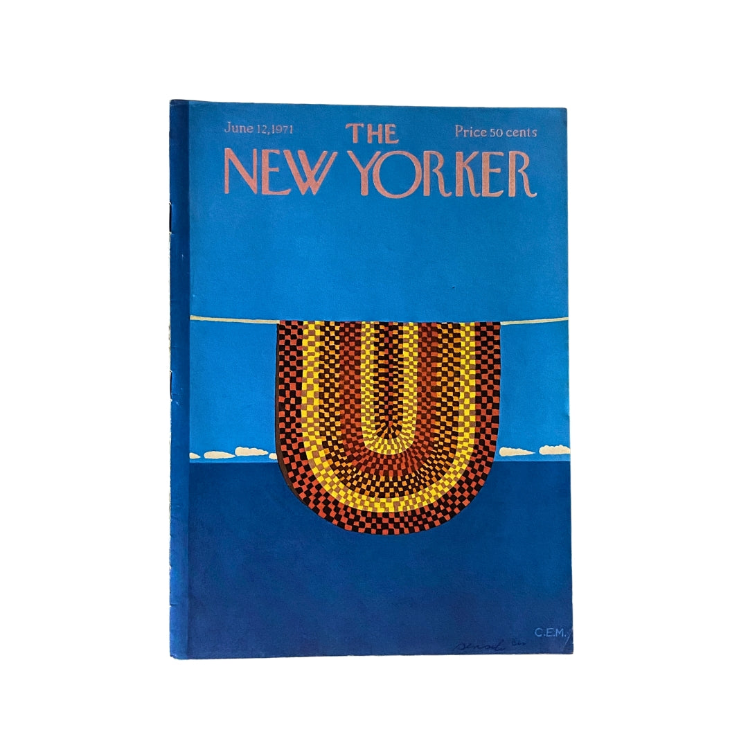 The New Yorker Complete Magazine June 12, 1971 featuring a vibrant blue cover designed by Charles E. Martin with a striking geometric pattern.