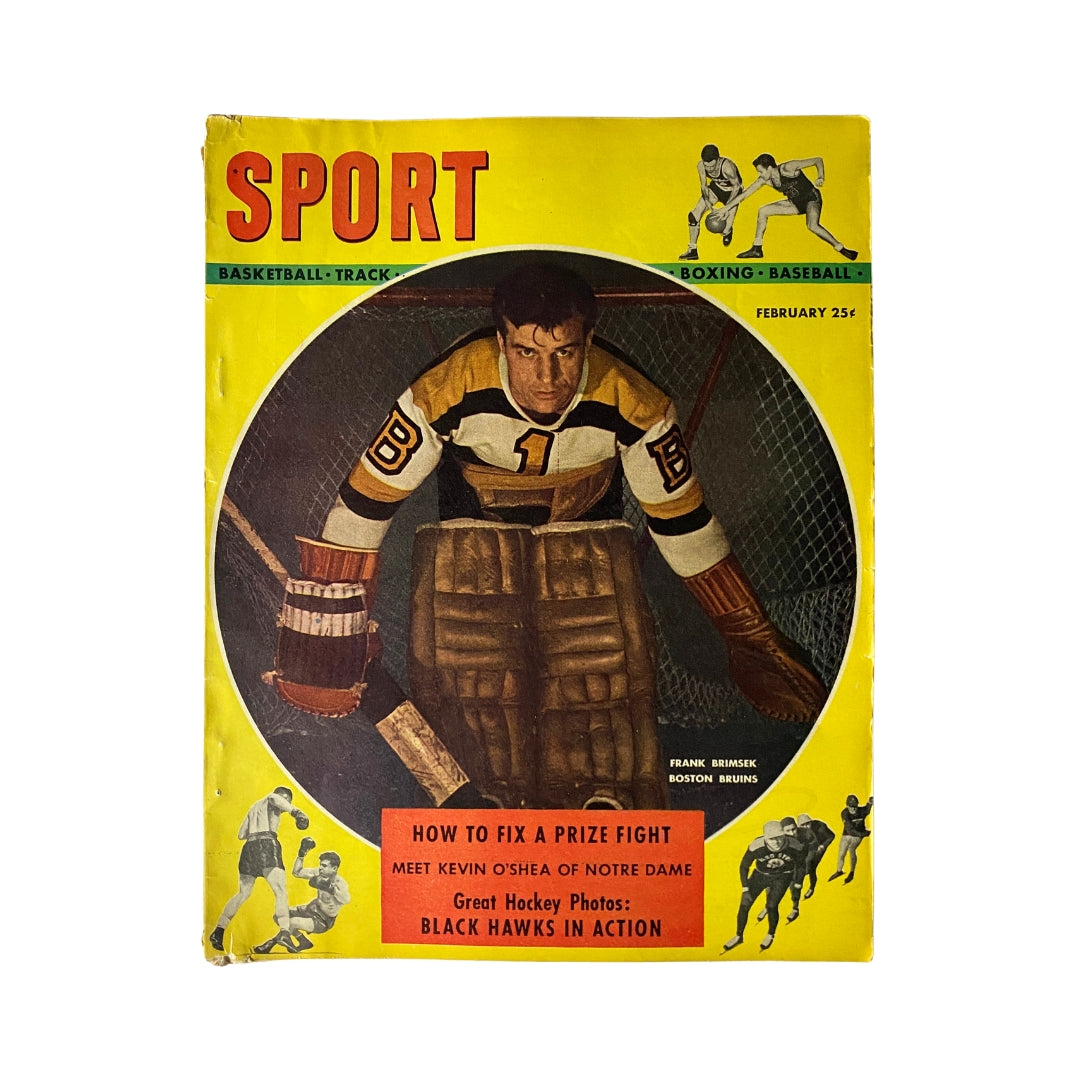 Cover of Sport Magazine February 1948 featuring Frank Brimsek of the Boston Bruins. The vibrant cover highlights the iconic hockey player wearing a Bruins jersey, with text discussing a prize fight and featuring great hockey photos.