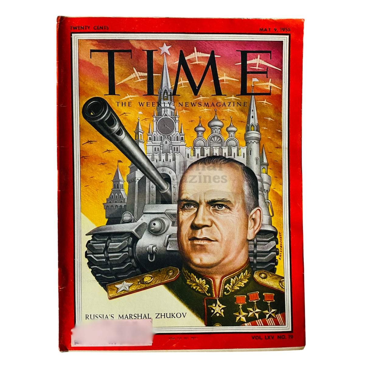 Cover of Time Magazine from May 9, 1955, Vol 65 No. 19 featuring Russia's Marshal Georgy Zhukov, showcasing military themes and historical significance.