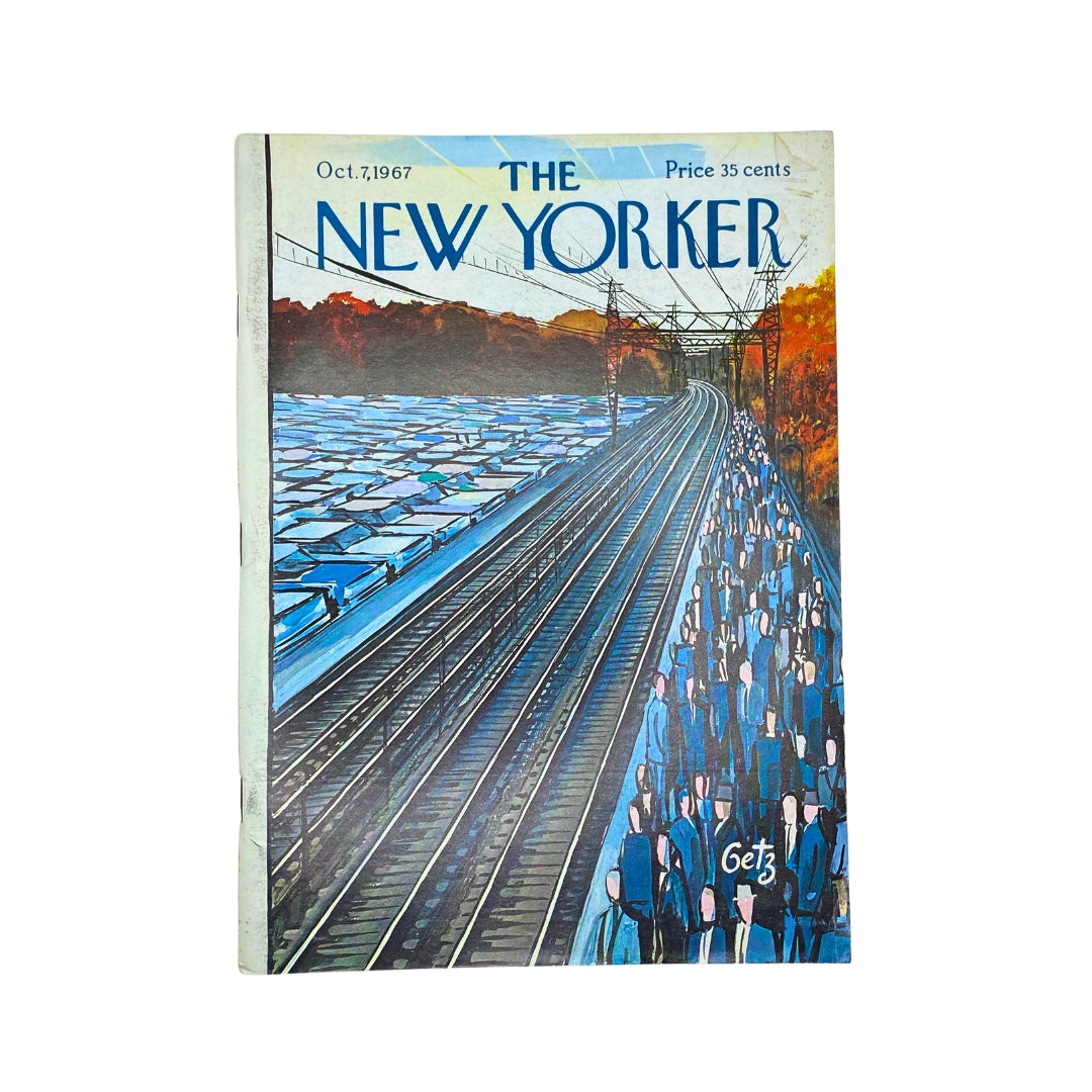 The New Yorker Complete Magazine October 7, 1967 Arthur Getz Cover showcasing a lively illustration of a crowd by a railway, with vivid colors depicting the autumn season and transportation theme.