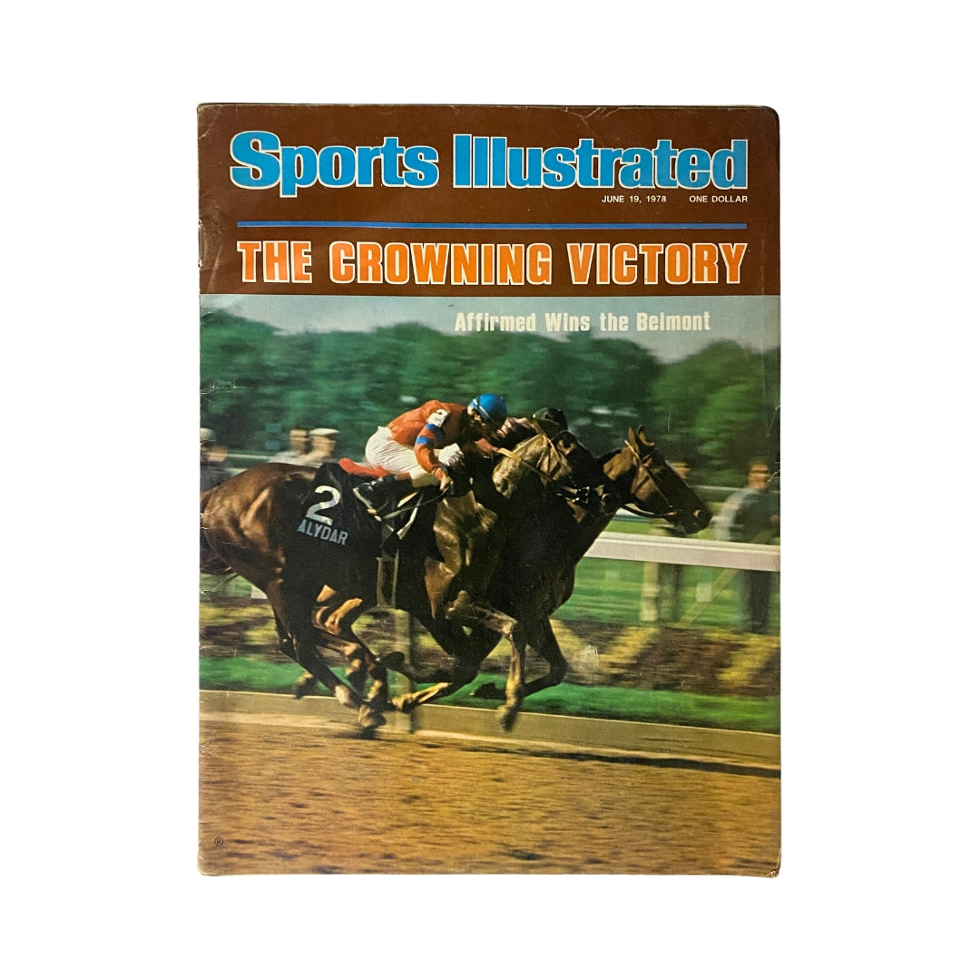 Cover of the vintage Sports Illustrated magazine dated June 19, 1978, featuring 'The Crowning Victory' and highlighting Affirmed's win at the Belmont Stakes.