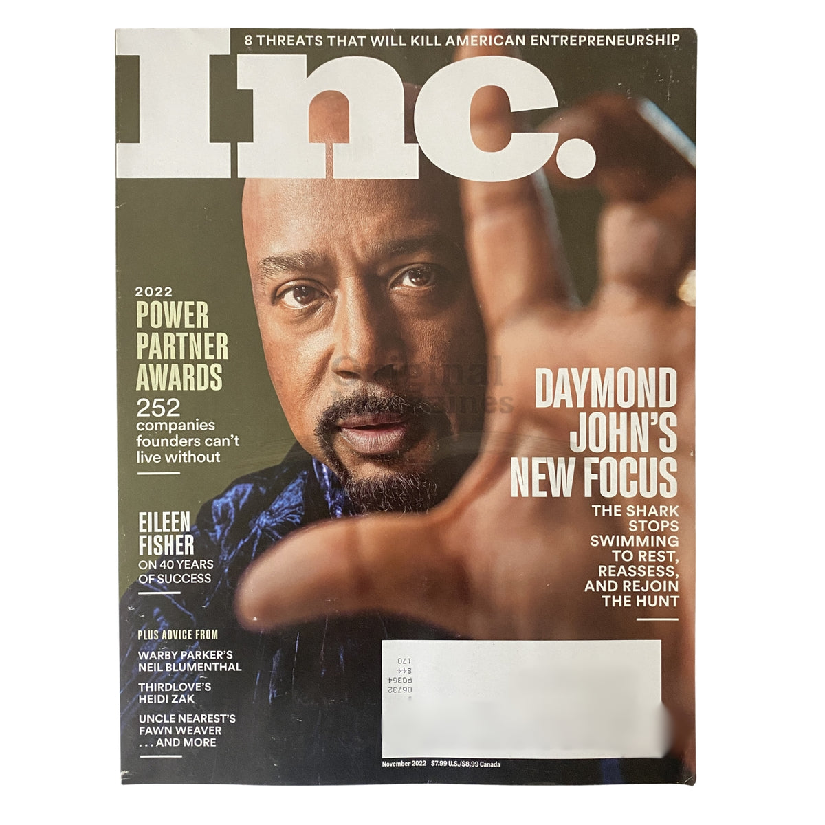Cover of Inc. Magazine November 2022 featuring Daymond John's article 'Daymond John's New Focus'. The cover highlights entrepreneurship with striking visuals and key insights.