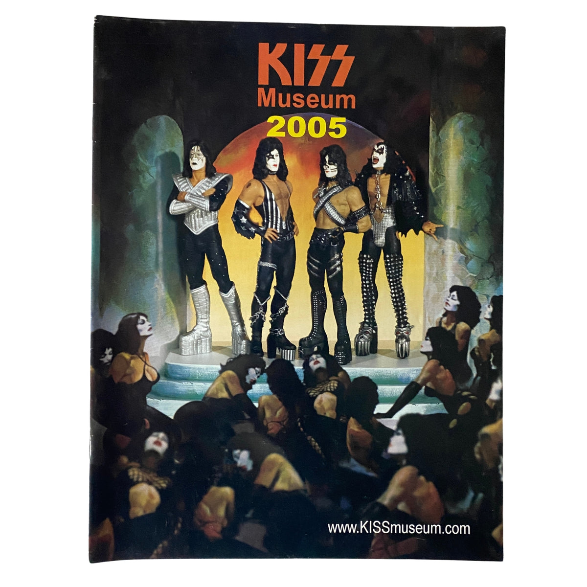 KISS Museum.com Catalog 2005 cover showcasing the iconic KISS band members dressed in costumes against an illustrated vibrant backdrop.