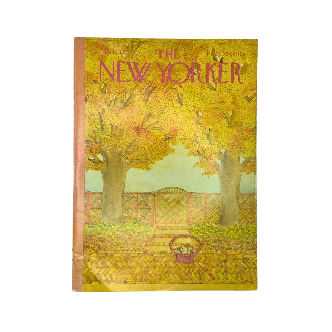 The New Yorker Complete Magazine July 12, 1976 featuring a vibrant cover illustration by Jenni Oliver, showcasing a serene garden scene with colorful trees and a brick pathway, highlighting vintage charm for collectors.