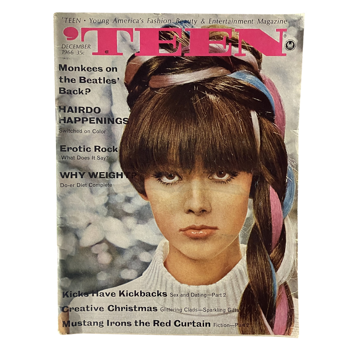 Teen Magazine December 1966 featuring The Monkees on the Beatles' Back, with a vibrant cover illustrating 1960s fashion and hairstyles.