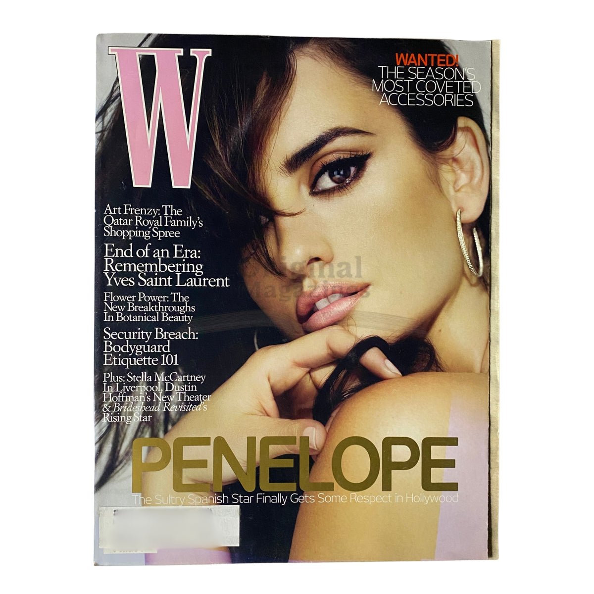 W Magazine August 2008 cover featuring actress Penelope Cruz, showcasing her beauty and style along with the headline 'PENELOPE' and highlighting the latest fashion trends.