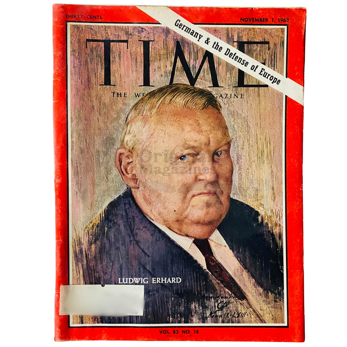 Time Magazine, November 1, 1963, Vol 82 No. 18 featuring a cover portrait of Ludwig Erhard, showcasing his significant role in post-World War II West Germany's economic recovery.
