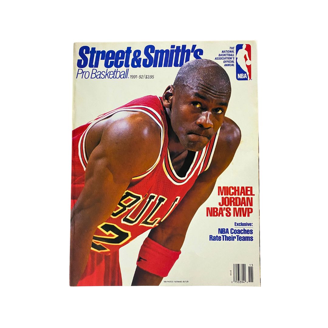 Cover of Street & Smith's Pro Basketball Magazine 1991-1992 featuring Michael Jordan, showcasing him in a red Chicago Bulls jersey as NBA's MVP.