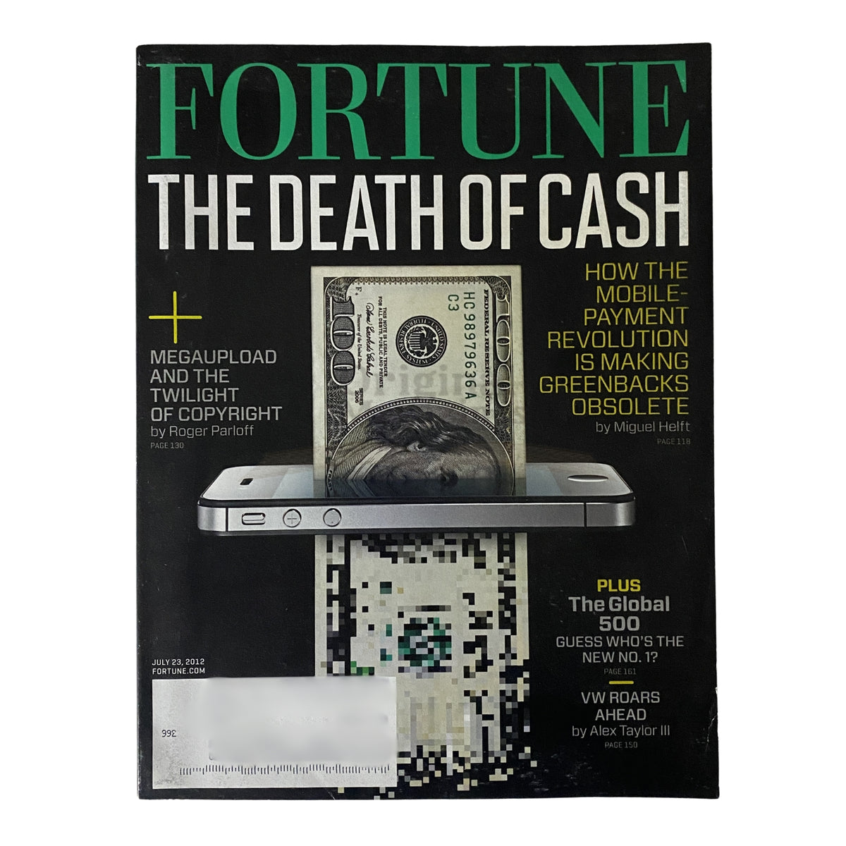 Cover of Fortune Magazine from July 23, 2012, titled 'Fortune: The Death of Cash,' featuring a visual of a smartphone scanning a QR code with a dollar bill in the background. The issue discusses Megaupload and the Twilight of Copyright.