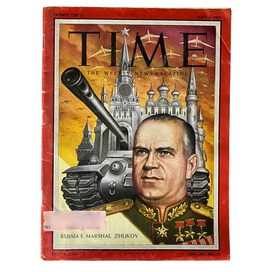 VTG Time Magazine May 9, 1955 featuring General Georgy Zhukov on the cover, showcasing military themes and Cold War imagery.