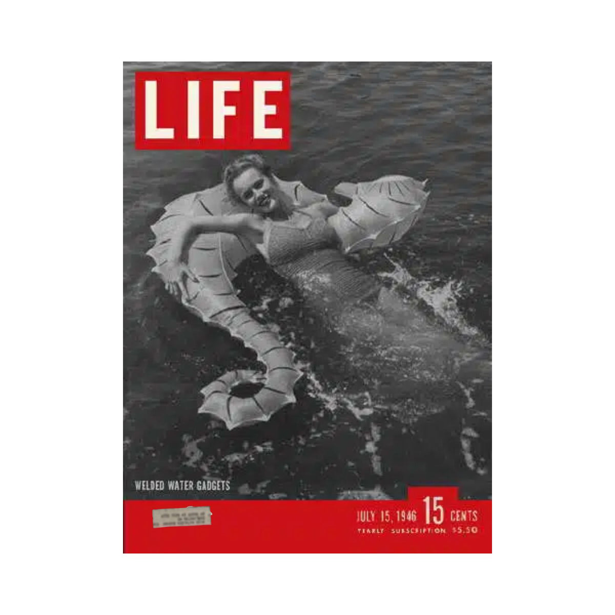 Cover of VTG Life Magazine from July 15, 1946 featuring Welded Water Gadgets, showcasing a woman in a vintage swimsuit floating with a whimsical float, depicting post-war creativity and innovation.