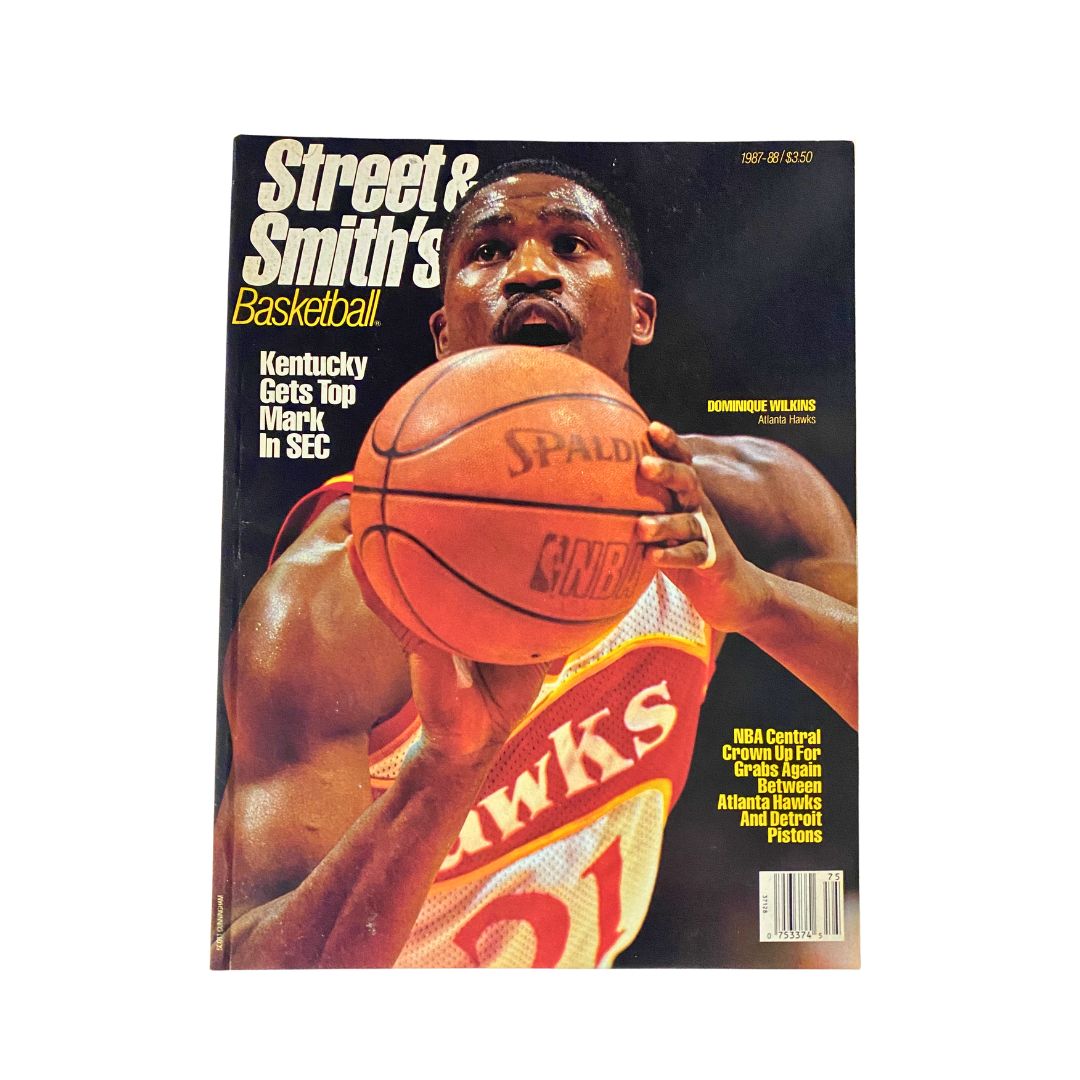 Cover of Street & Smith's Basketball 1987-1988 featuring Dominique Wilkins, showcasing him in action with a basketball, representing the era of vintage sports magazines.