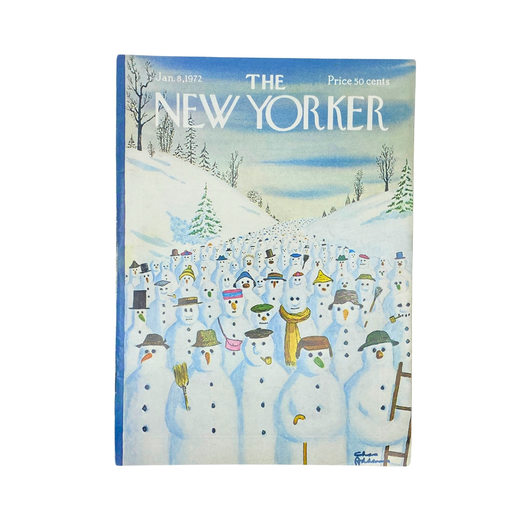 The New Yorker Complete Magazine January 8, 1972 Chas Addams Cover featuring whimsical snowmen in hats against a winter backdrop, a collector's item in very good condition.
