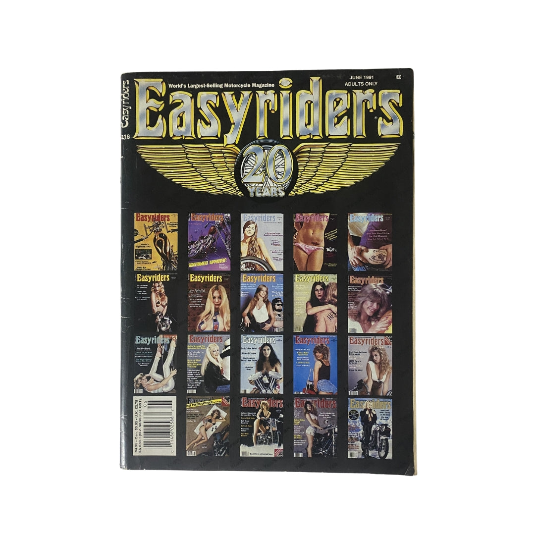 Easyriders Magazine June 1991 cover featuring iconic motorcycle themes, celebrating 20 years of the publication with images of bikes and models.